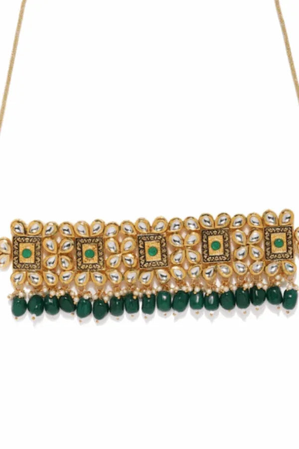 Kundan & Green Beads Studded Jewellery Set (Outside Ontario) - MyEthnikRentals
