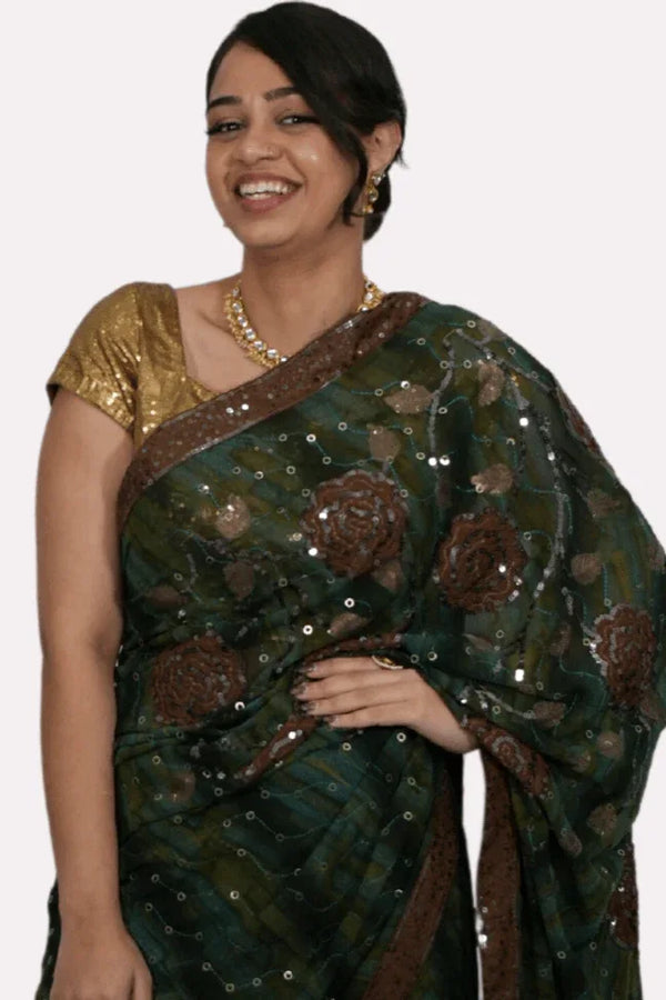 Dark Green Sequins Saree (Outside Ontario) - MyEthnikRentals
