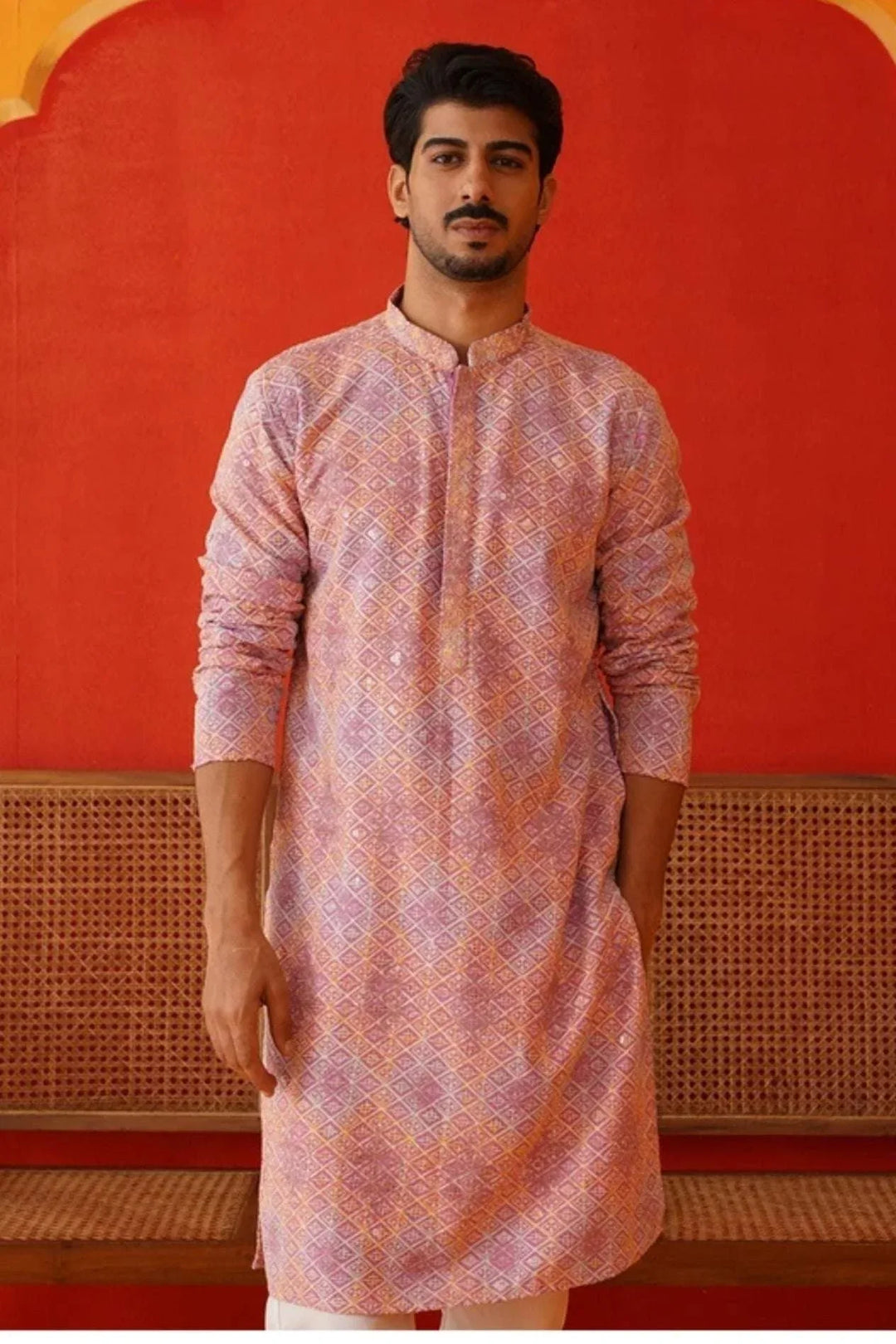 Saffron Lilac Geometric Kurta Set - MyEthnikRentals