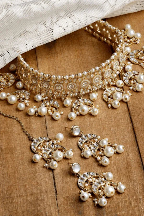 Half Moon Pearl Beaded Choker Jewellery Set (Outside Ontario) - MyEthnikRentals