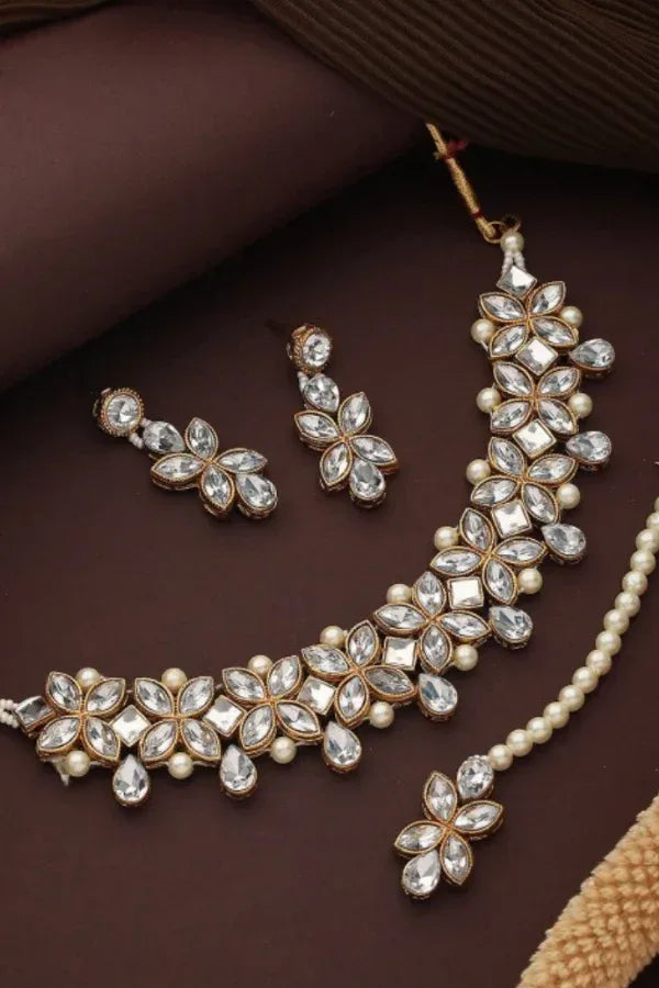 White Crystal Pearl Jewellery Set - MyEthnikRentals