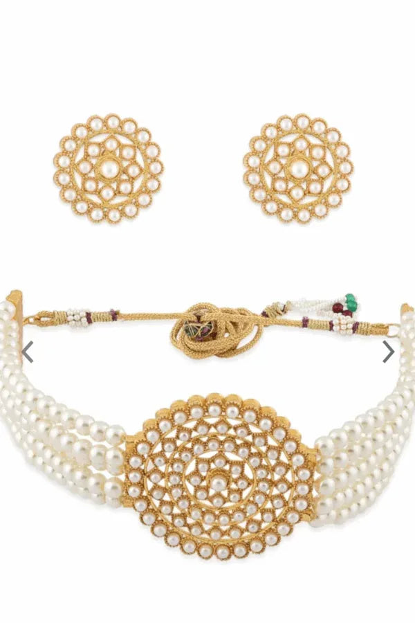 Gold-Plated Kundan Studded & Pearl Beaded Jewellery Set (Outside Ontario) - MyEthnikRentals