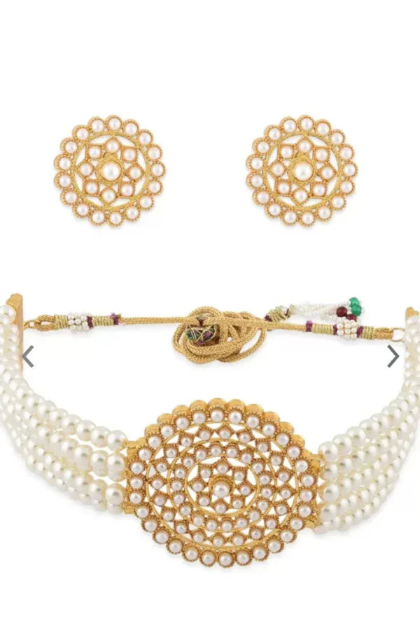 Gold Plated Kundan-Studded & Pearl Beaded Jewellery Set - MyEthnikRentals