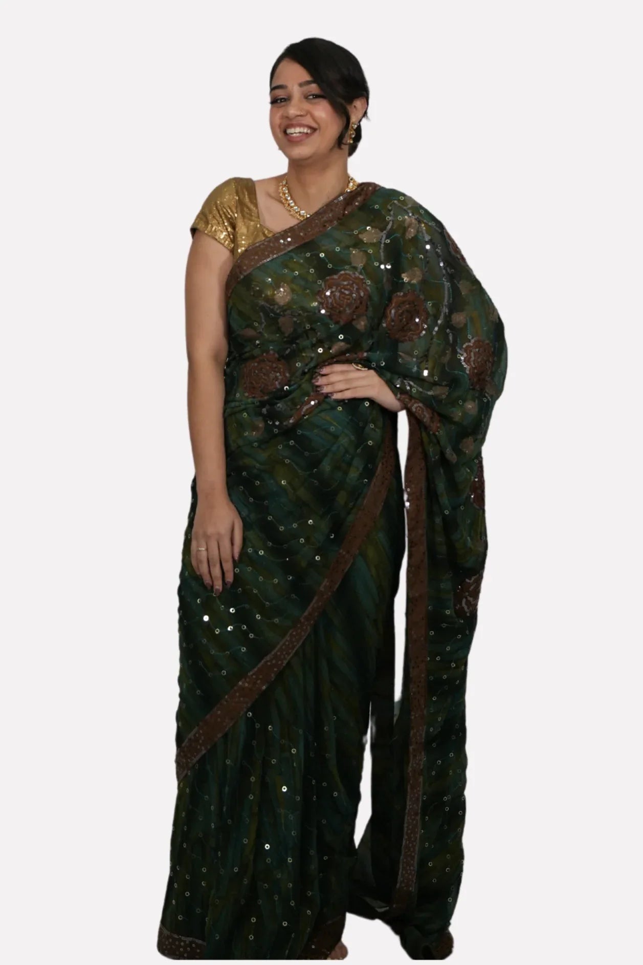 Dark Green Sequins Saree