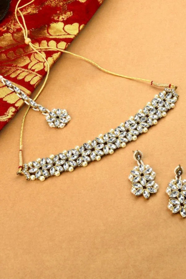 White Crystal Pearl Jewellery Set (silver tone) (SET 2) (Outside Ontario) - MyEthnikRentals
