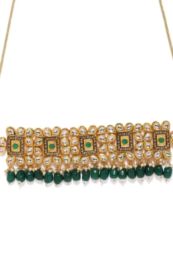 Kundan & Green Beads Studded Jewellery Set - MyEthnikRentals
