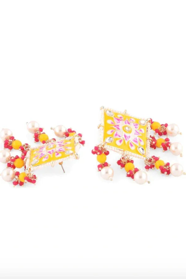 Yellow & Pink Stone-Beaded Meenakari Choker Necklace Jewellery Set (Outside Ontario) - MyEthnikRentals