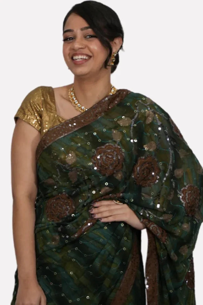 Dark Green Sequins Saree - MyEthnikRentals