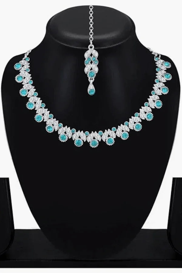 Silver Plated Crystal Studded Choker Jewellery Set (Outside Ontario) - MyEthnikRentals