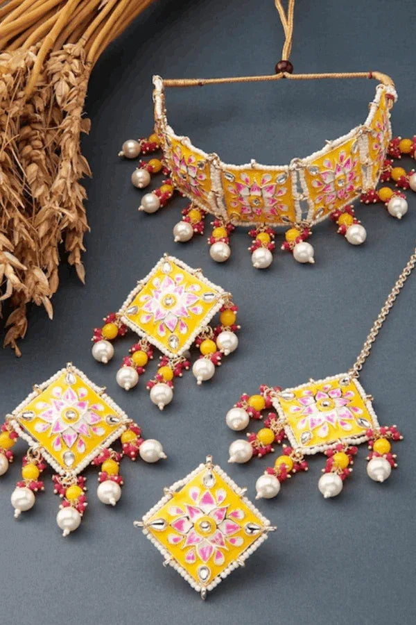 Yellow & Pink Stone-Beaded Meenakari Choker Necklace Jewellery Set (Outside Ontario) - MyEthnikRentals
