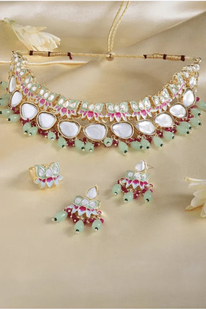 Light Green Kundan-Studded & Pearl Beaded Jewellery Set (Outside Ontario) - MyEthnikRentals