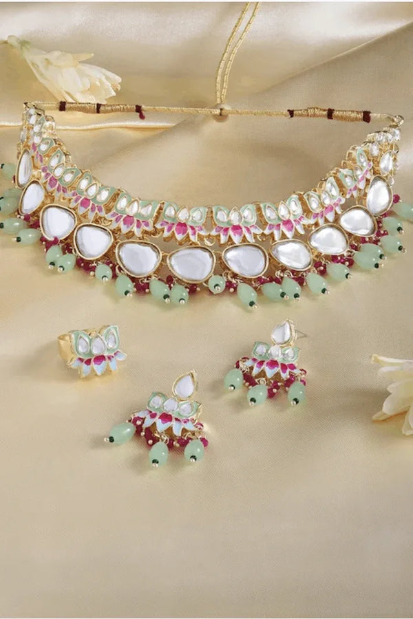 Light Green Kundan-Studded & Pearl Beaded Jewellery Set (Outside Ontario) - MyEthnikRentals