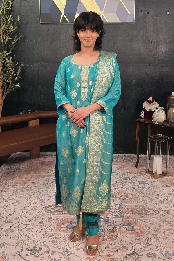 Turquoise Green Chanderi Silk Salwar Kameez (Outside Ontario) - MyEthnikRentals