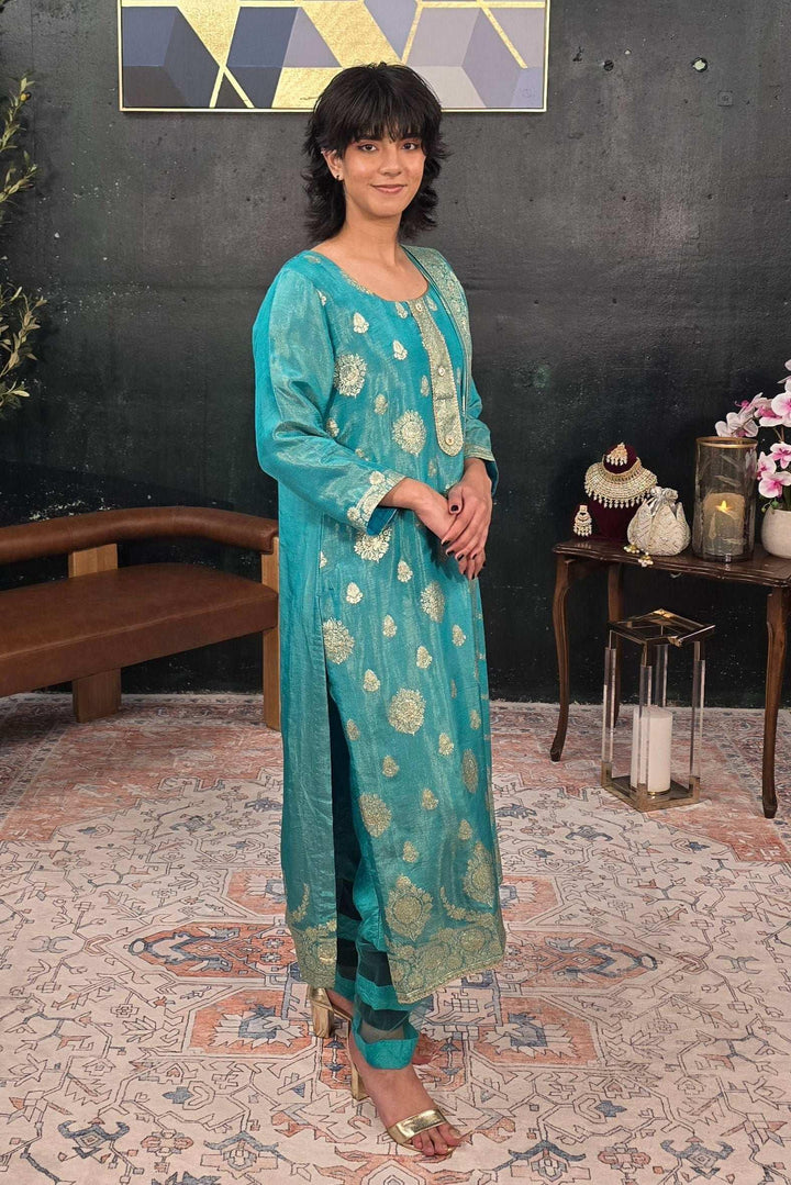 Turquoise Green Chanderi Silk Salwar Kameez (Outside Ontario) - MyEthnikRentals
