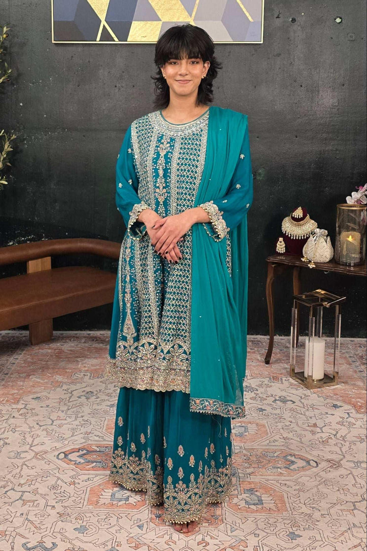 Green swarovski georgette Salwar Kameez (Outside Ontario) - MyEthnikRentals