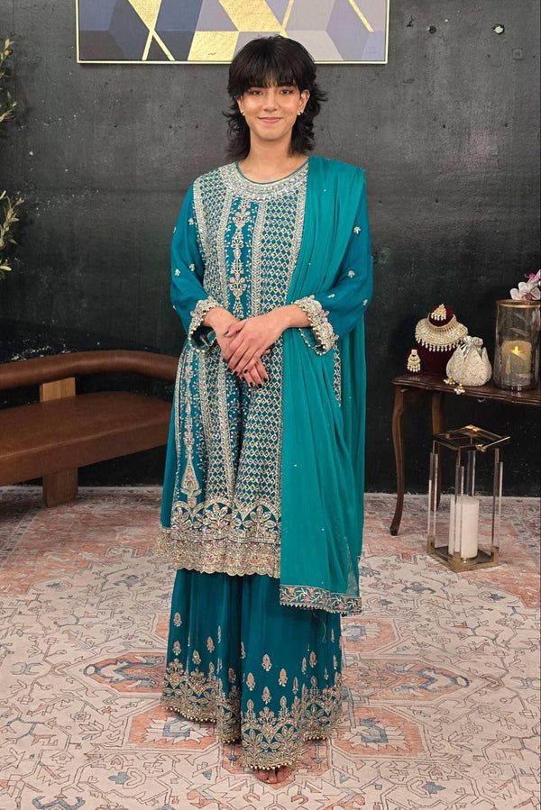 Green swarovski georgette Salwar Kameez (Outside Ontario) - MyEthnikRentals