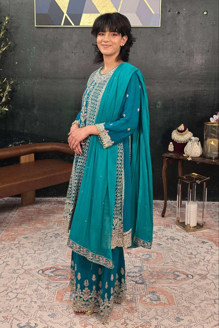 Green swarovski georgette Salwar Kameez (Outside Ontario) - MyEthnikRentals
