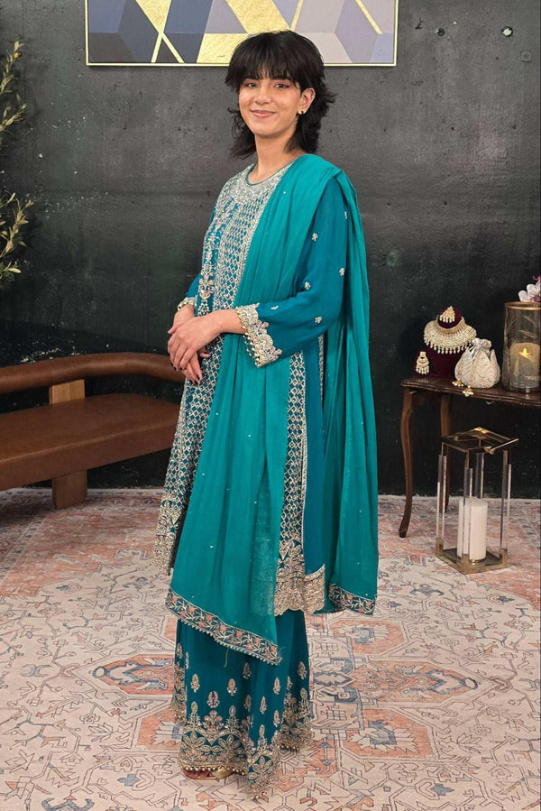 Green swarovski georgette Salwar Kameez (Outside Ontario) - MyEthnikRentals