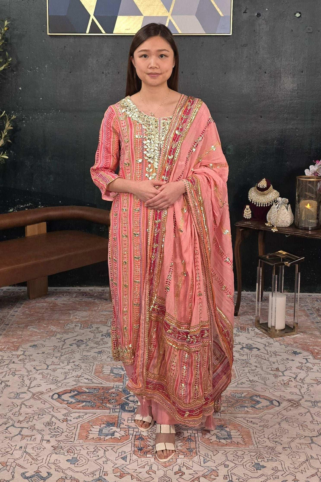 Soft Pink Gerogette Gotta Patti Salwar Kameez (Outside Ontario) - MyEthnikRentals