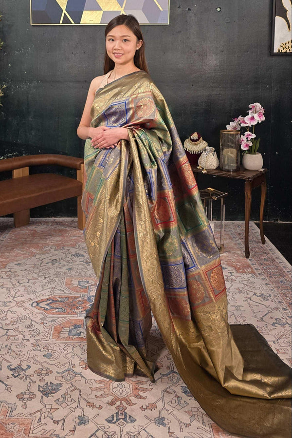 Grey Banarasi Saree (Outside Ontario) - MyEthnikRentals