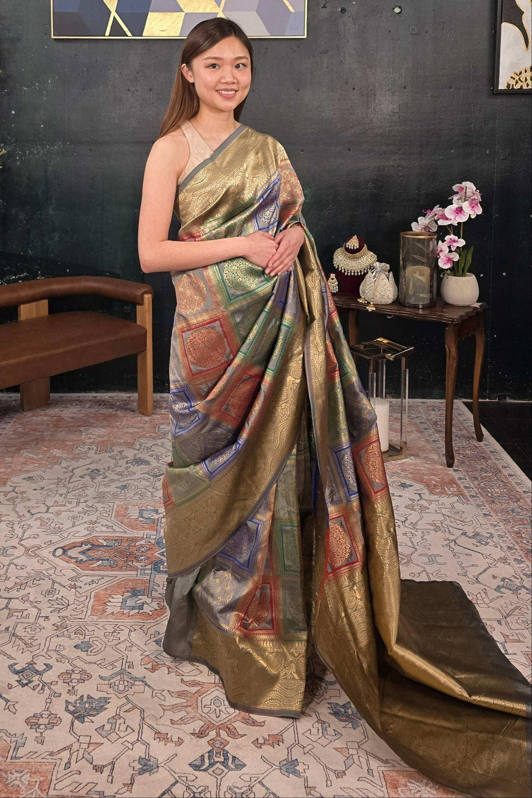 Grey Banarasi Saree (Outside Ontario) - MyEthnikRentals