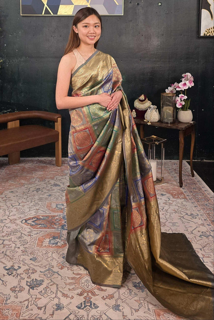 Grey Banarasi Saree (Outside Ontario) - MyEthnikRentals