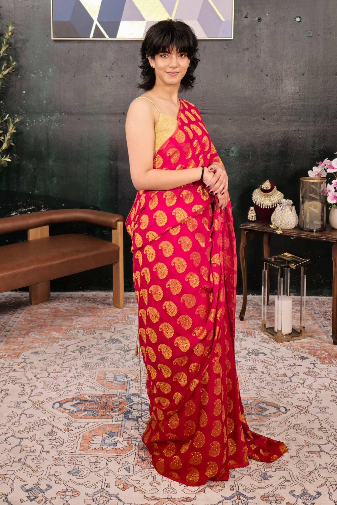 Magenta Banarsi Want Saree (Outside Ontario) - MyEthnikRentals