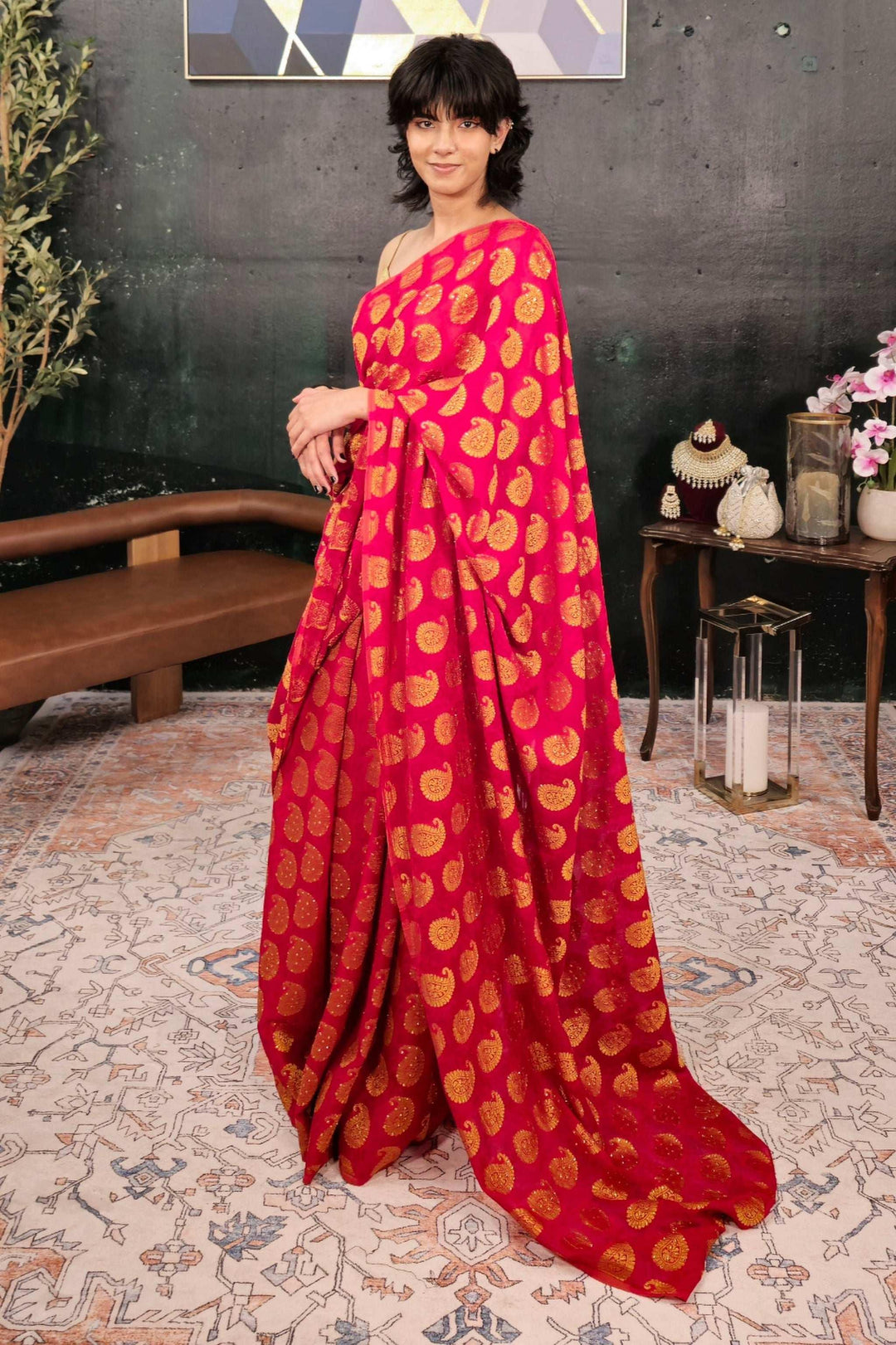 Magenta Banarsi Want Saree (Outside Ontario) - MyEthnikRentals