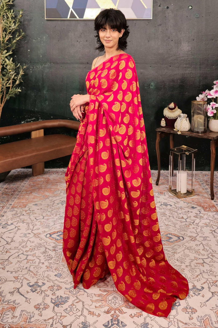 Magenta Banarsi Want Saree (Outside Ontario) - MyEthnikRentals