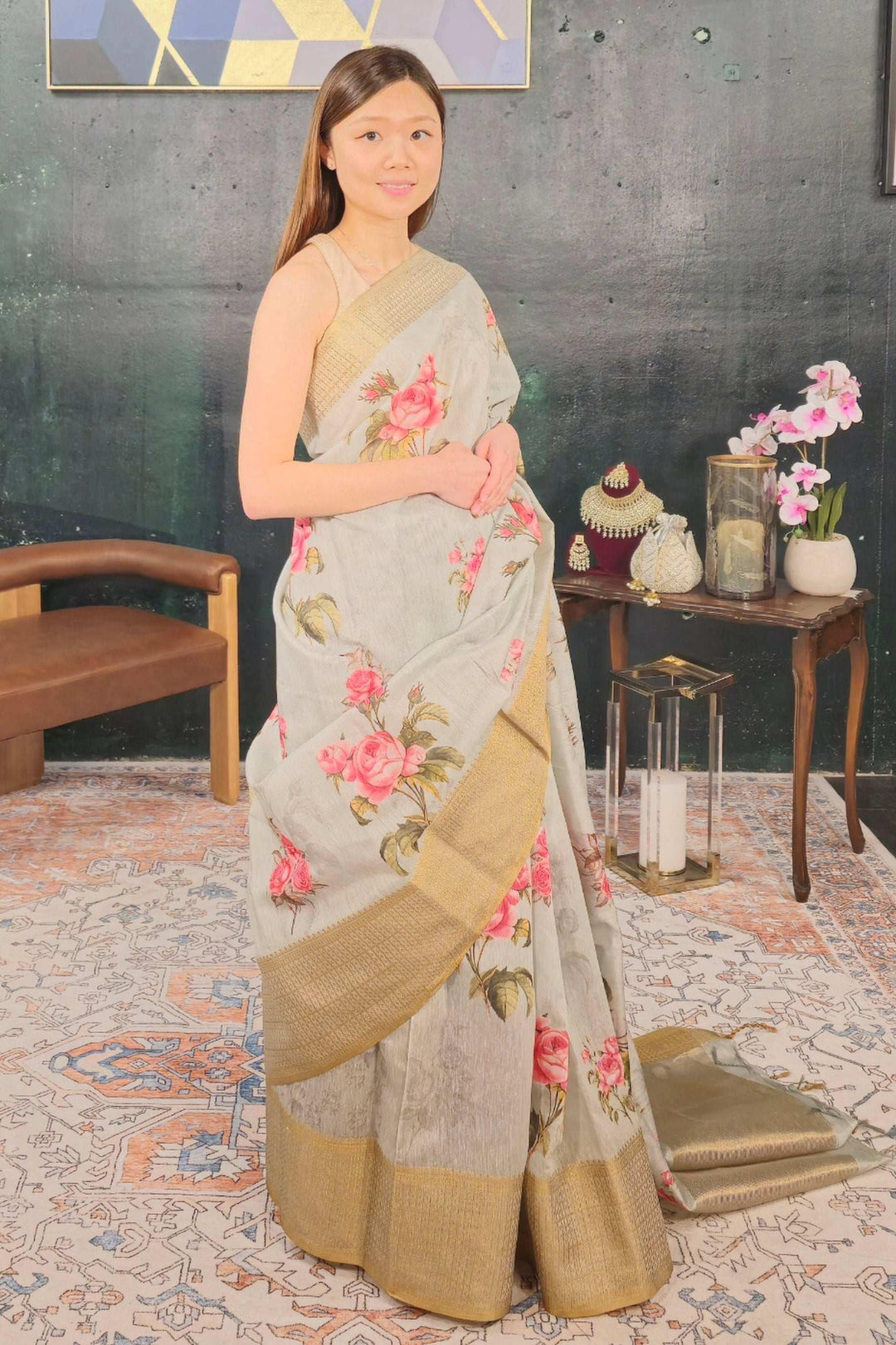 Mint Green Floral Saree (Outside Ontario) - MyEthnikRentals