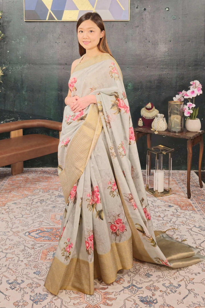 Mint Green Floral Saree (Outside Ontario) - MyEthnikRentals