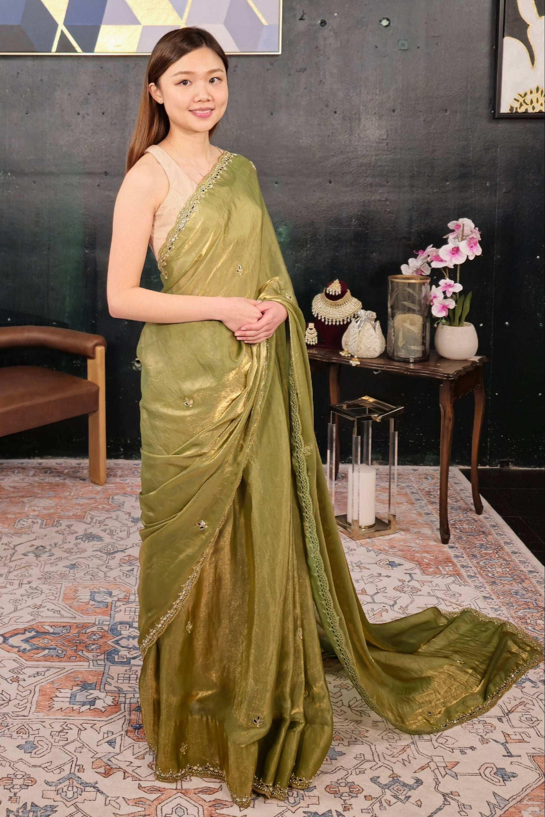 Sage Crystal Green Saree (Outside Ontario) - MyEthnikRentals