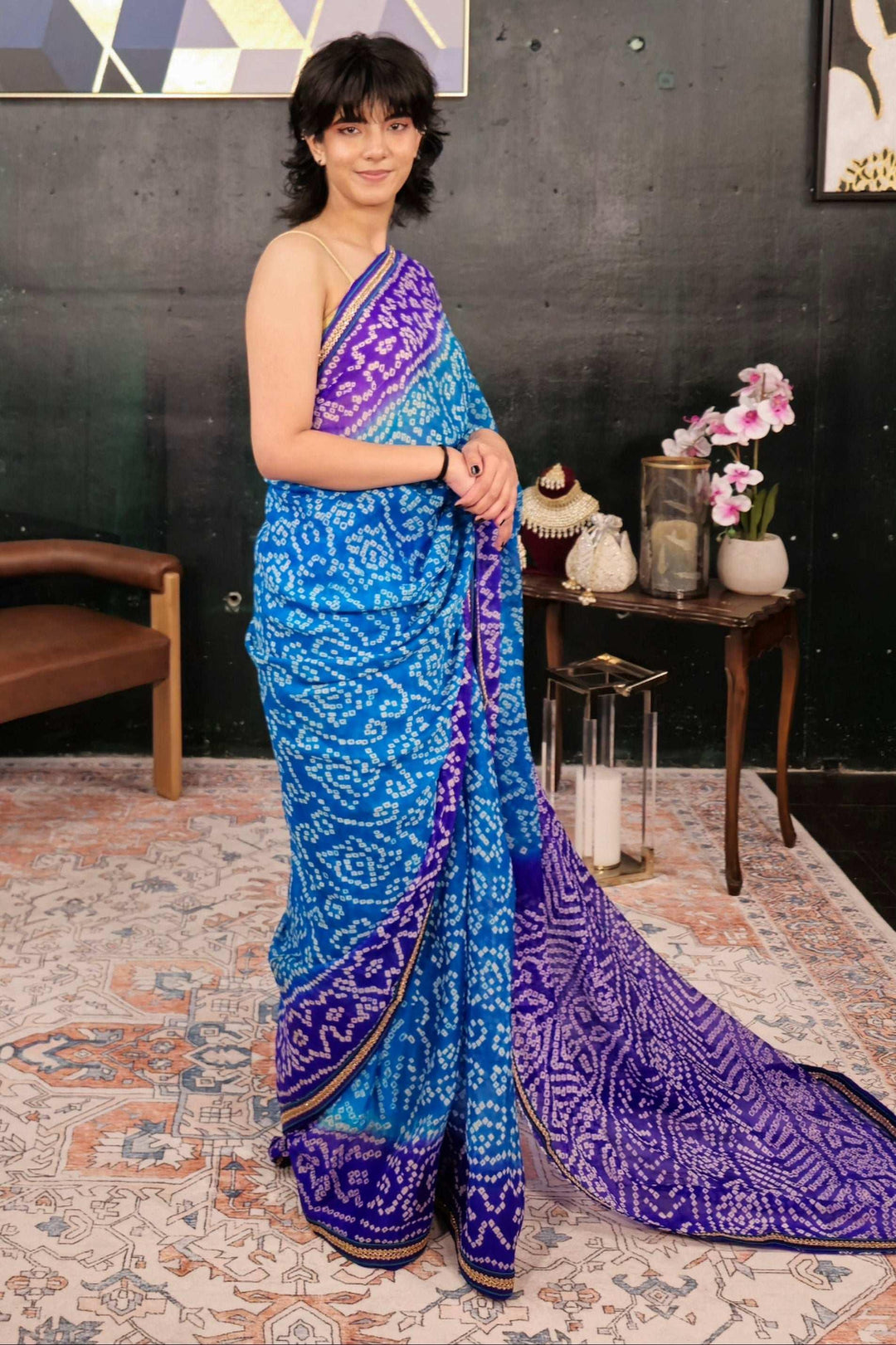 Block Print Blue Saree (Outside Ontario) - MyEthnikRentals