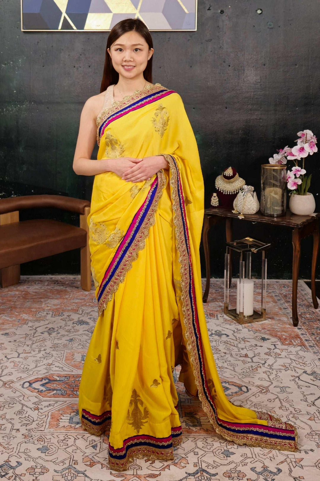 Yellow Georgette Embroidered Saree (Outside Ontario) - MyEthnikRentals