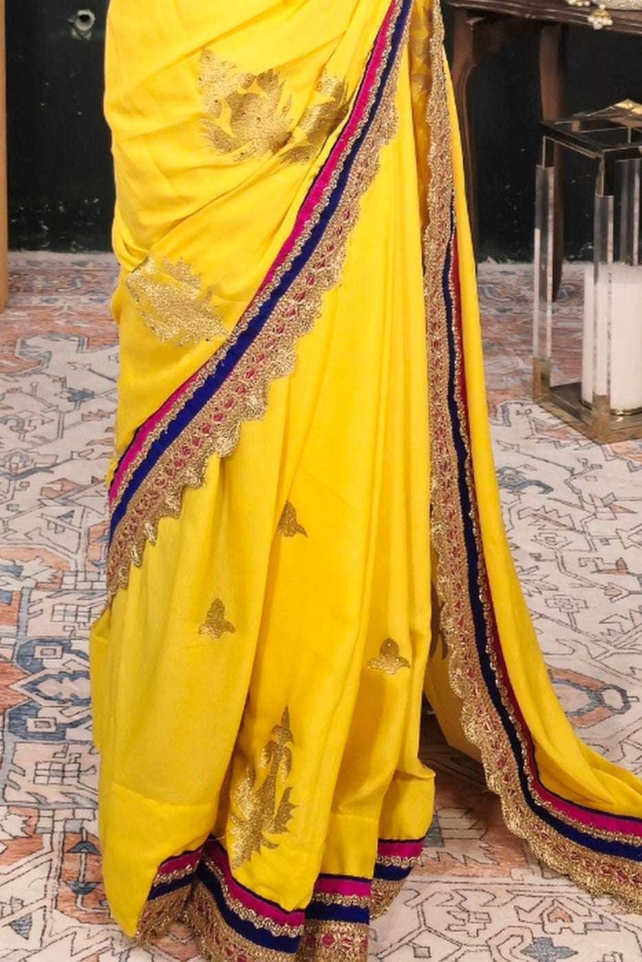 Yellow Georgette Embroidered Saree (Outside Ontario) - MyEthnikRentals