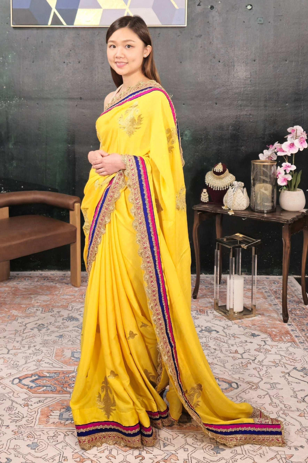 Yellow Georgette Embroidered Saree (Outside Ontario) - MyEthnikRentals