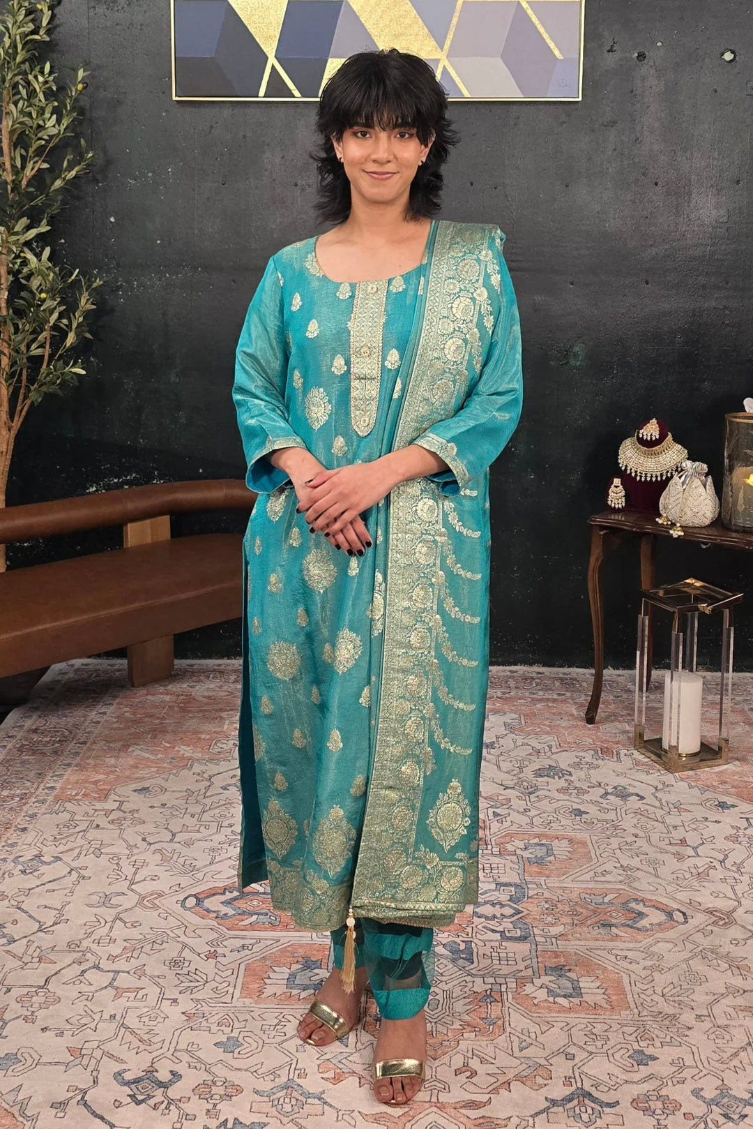 Turquoise Green Chanderi Silk Salwar Kameez - MyEthnikRentals