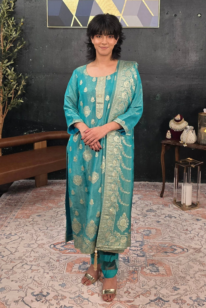 Turquoise Green Chanderi Silk Salwar Kameez - MyEthnikRentals