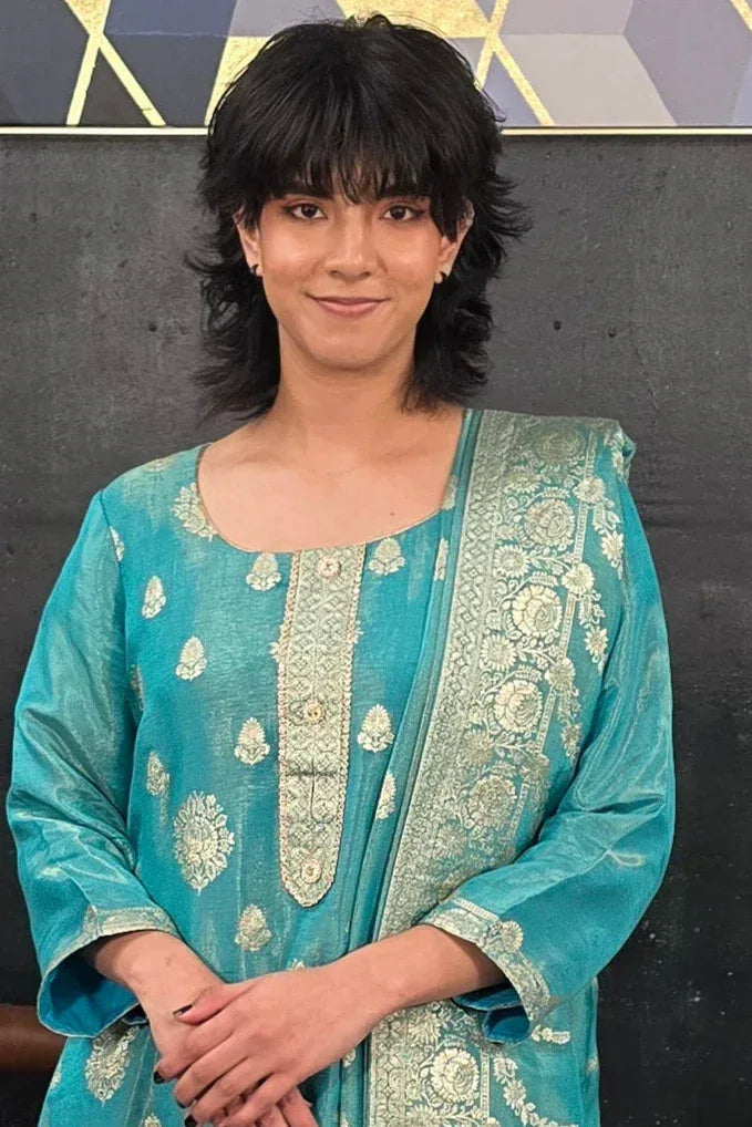 Turquoise Green Chanderi Silk Salwar Kameez - MyEthnikRentals
