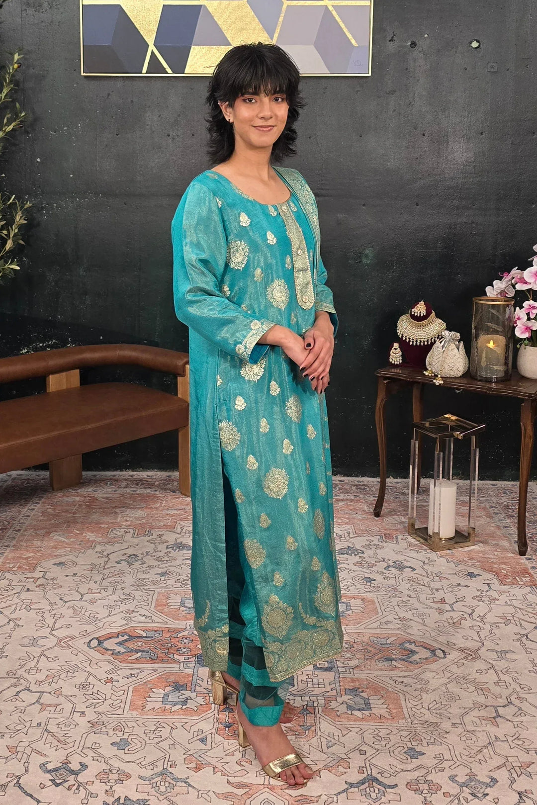 Turquoise Green Chanderi Silk Salwar Kameez - MyEthnikRentals