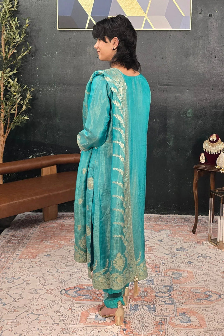 Turquoise Green Chanderi Silk Salwar Kameez - MyEthnikRentals