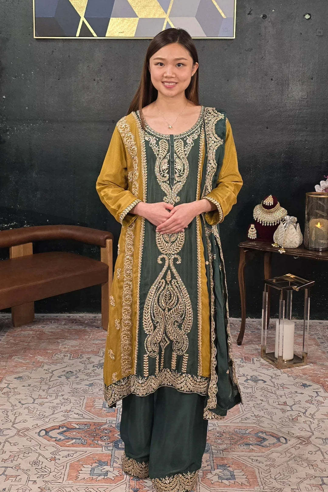 Dark green embroidered Salwar Kameez - MyEthnikRentals