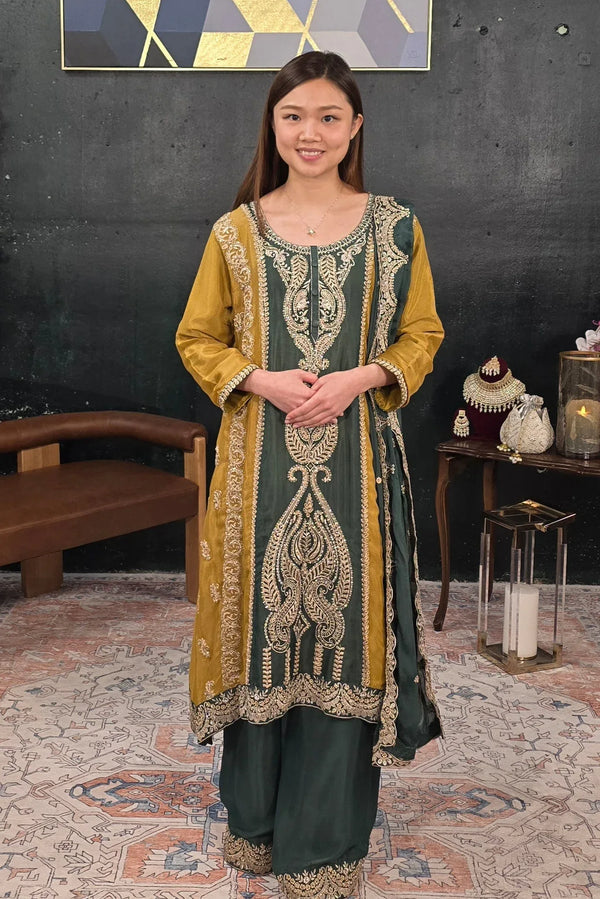 Dark green embroidered Salwar Kameez - MyEthnikRentals