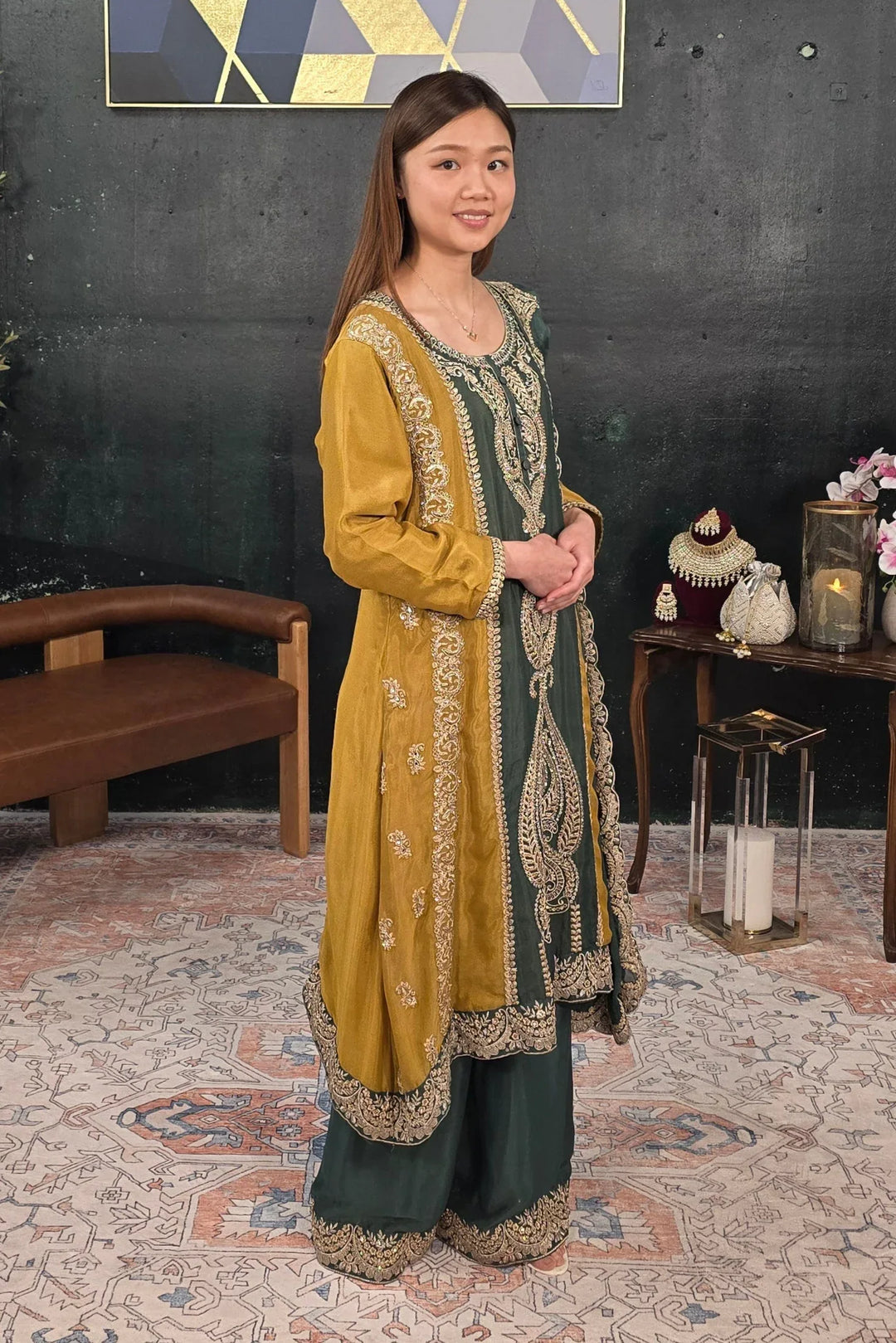 Dark green embroidered Salwar Kameez - MyEthnikRentals