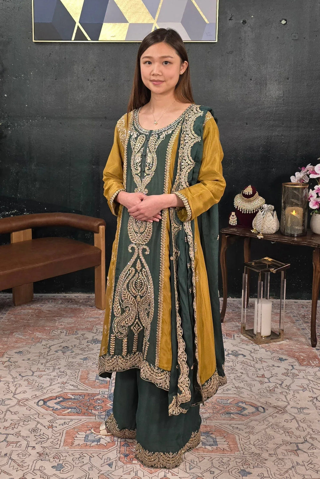 Dark green embroidered Salwar Kameez - MyEthnikRentals