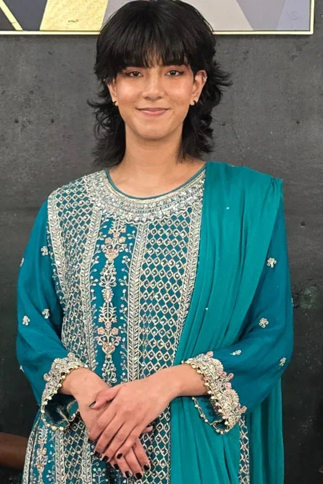 Green swarovski georgette Salwar Kameez - MyEthnikRentals