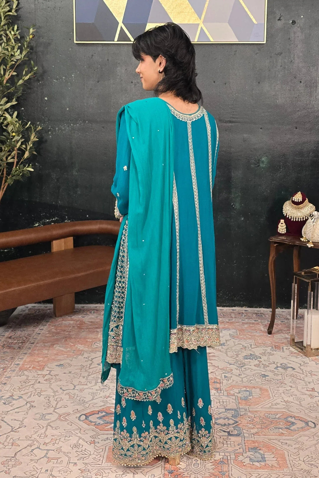 Green swarovski georgette Salwar Kameez - MyEthnikRentals