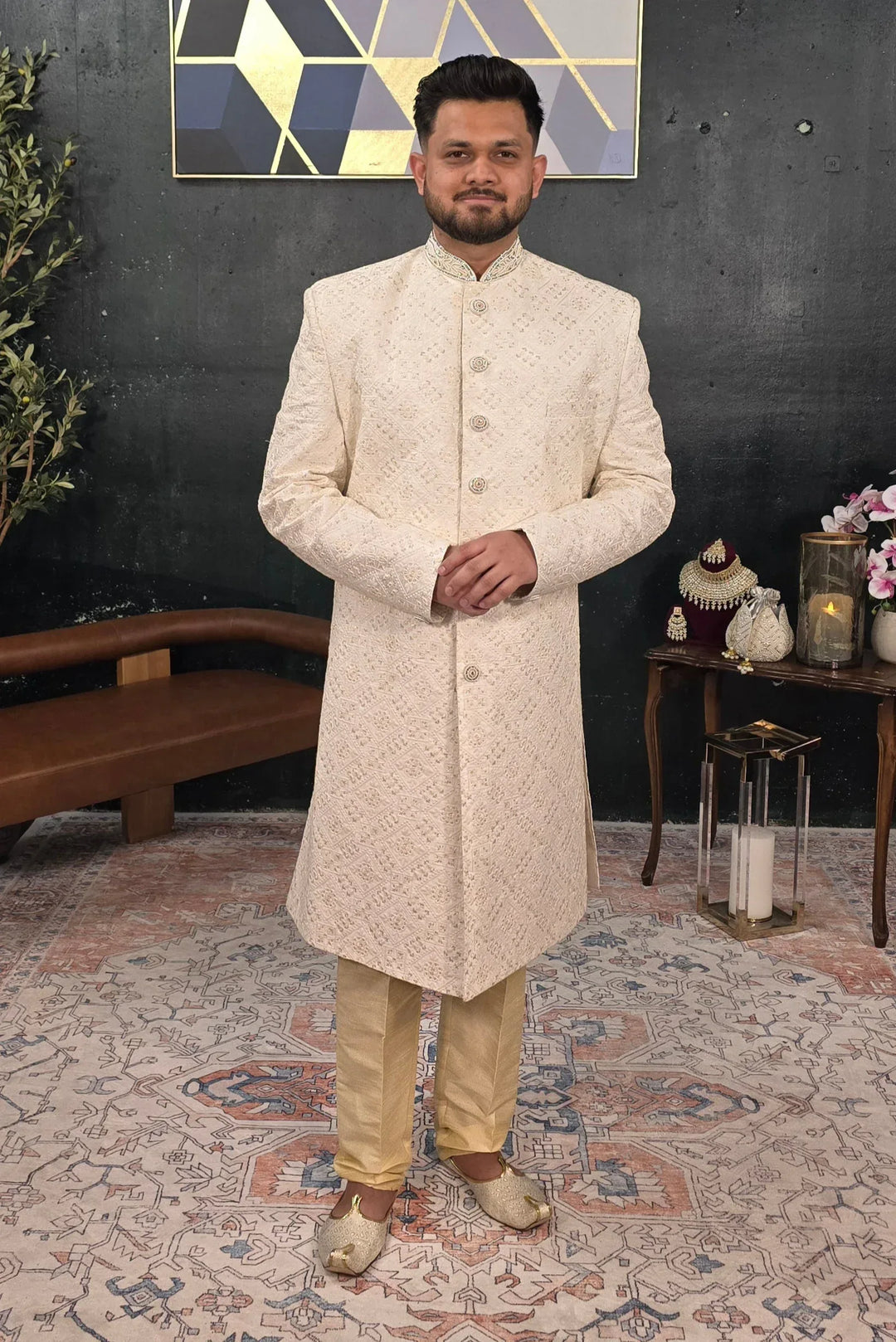 Soft Pink Floral Embroidered Sherwani (Outside Ontario) - MyEthnikRentals
