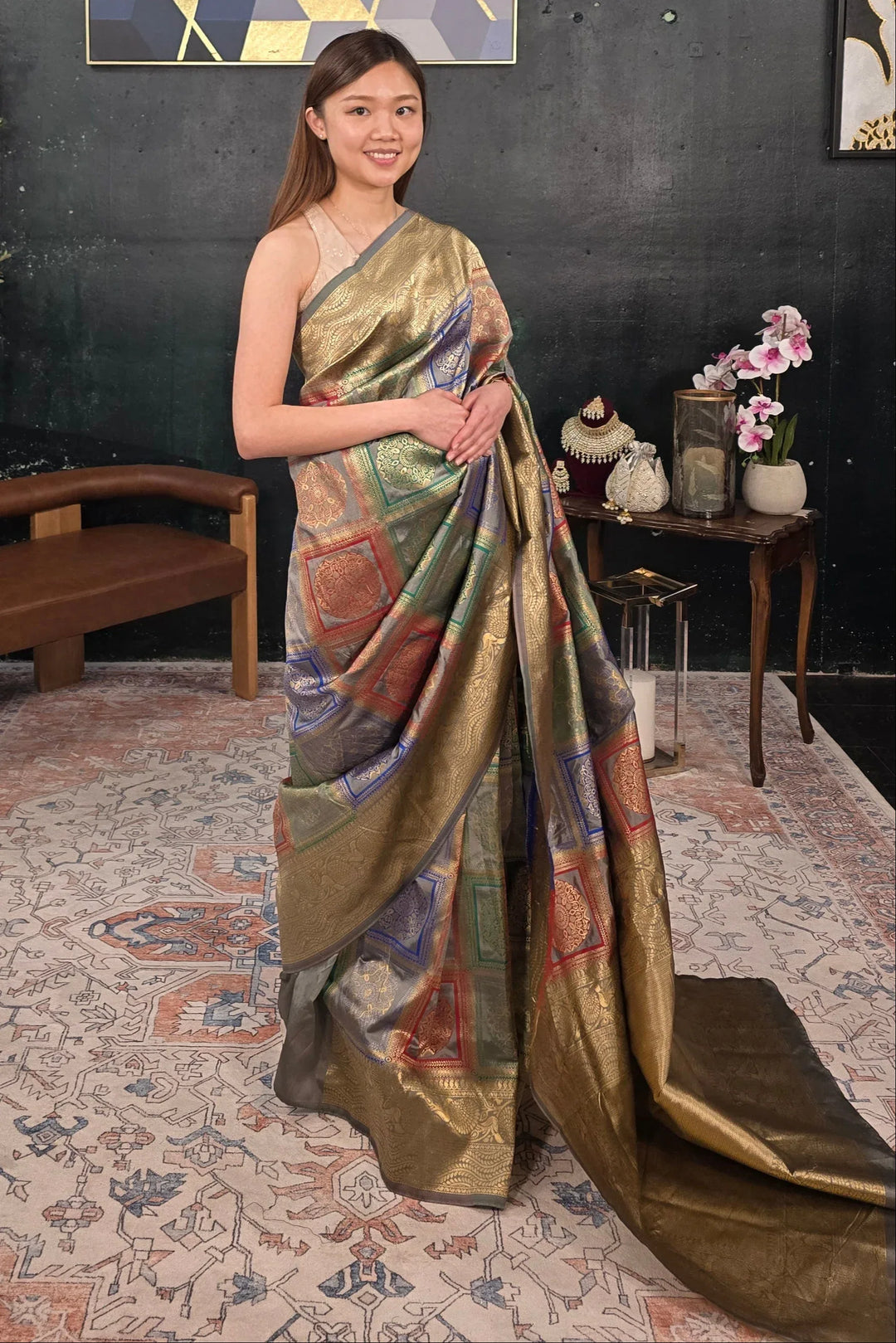 Grey Banarasi Saree - MyEthnikRentals