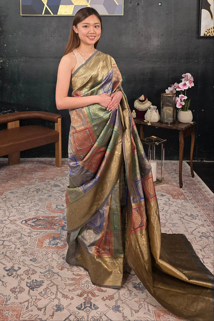 Grey Banarasi Saree - MyEthnikRentals